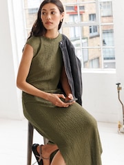 Khaki Green Short Sleeve Textured Column Jersey Dress - Image 1 of 6