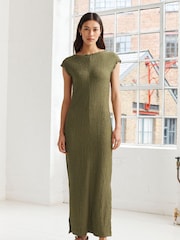 Khaki Green Short Sleeve Textured Column Jersey Dress - Image 2 of 6