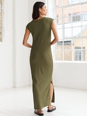 Khaki Green Short Sleeve Textured Column Jersey Dress - Image 3 of 6