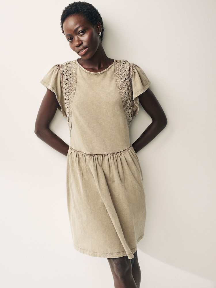 Washed Brown Crochet Trim Short Sleeve Mini Dress - Image 1 of 6