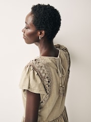 Washed Brown Crochet Trim Short Sleeve Mini Dress - Image 2 of 6