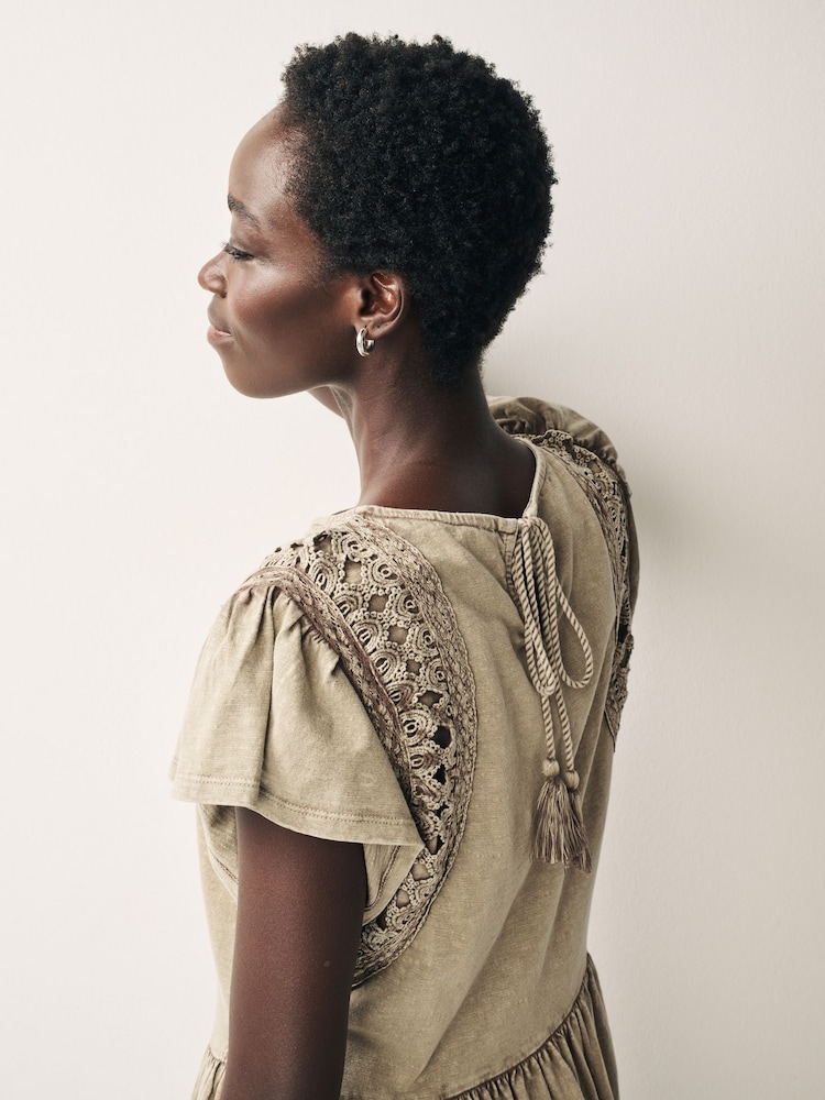 Washed Brown Crochet Trim Short Sleeve Mini Dress - Image 2 of 6