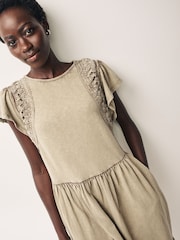 Washed Brown Crochet Trim Short Sleeve Mini Dress - Image 4 of 6