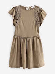 Washed Brown Crochet Trim Short Sleeve Mini Dress - Image 5 of 6
