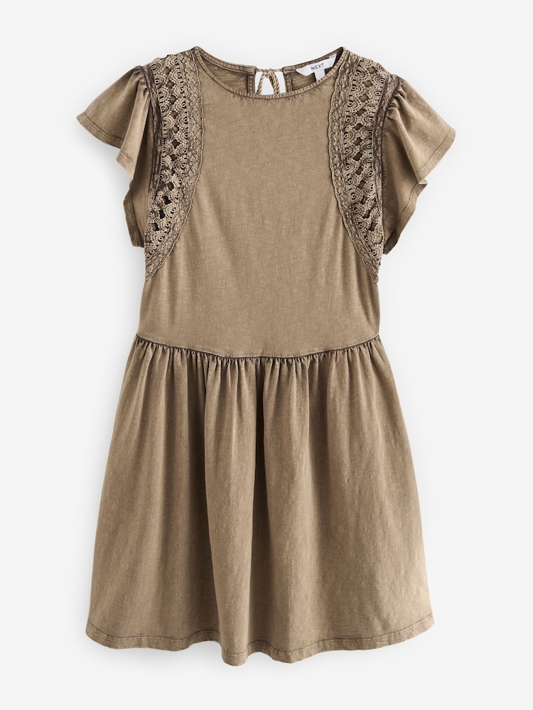 Washed Brown Crochet Trim Short Sleeve Mini Dress - Image 5 of 6
