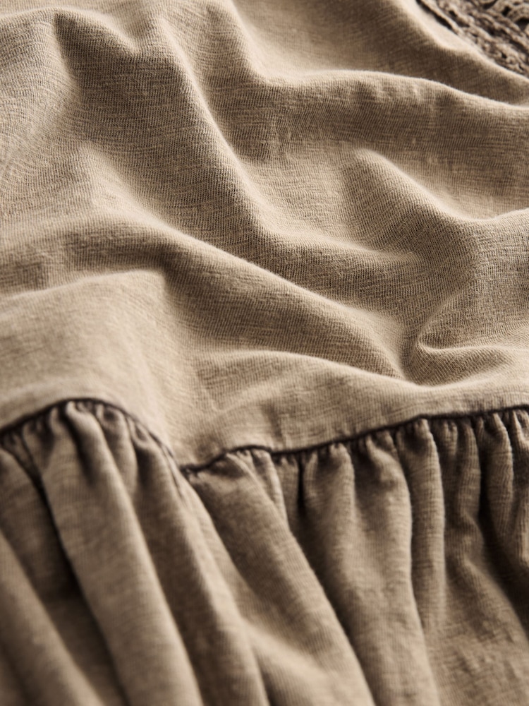 Washed Brown Crochet Trim Short Sleeve Mini Dress - Image 6 of 6