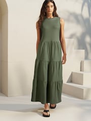 Verde kaki - Fără mâneci 100% Cotton Guler rotund Tired Summer Maxi Jersey Rochie - Image 1 of 4