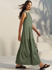 Verde kaki - Fără mâneci 100% Cotton Guler rotund Tired Summer Maxi Jersey Rochie - Image 2 of 4
