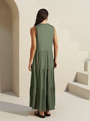 Verde kaki - Fără mâneci 100% Cotton Guler rotund Tired Summer Maxi Jersey Rochie - Image 3 of 4