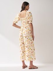 Ecru Postcard Print Short Sleeve Tie Front Jumpsuit - Image 2 of 5