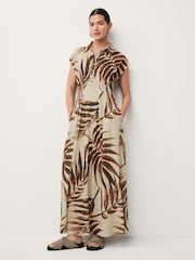 Ecru and Brown Palm Print Short Sleeve Maxi Shirt Dress - Image 1 of 6