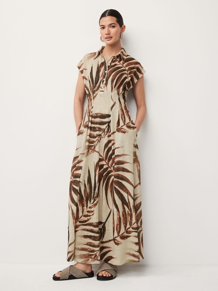 Ecru and Brown Palm Print Short Sleeve Maxi Shirt Dress - Image 1 of 6