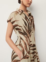 Ecru and Brown Palm Print Short Sleeve Maxi Shirt Dress - Image 2 of 6