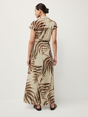 Ecru and Brown Palm Print Short Sleeve Maxi Shirt Dress - Image 3 of 6