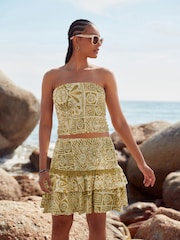 Green Tile Print Shirred Layered Mini Skirt - Image 1 of 4