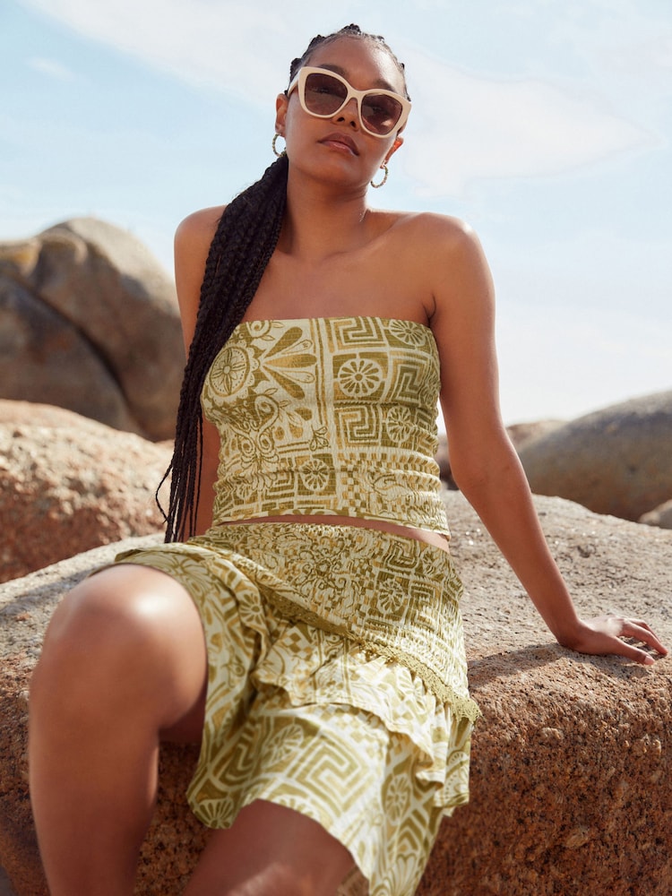 Green Tile Print Shirred Layered Mini Skirt - Image 2 of 4