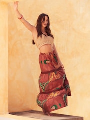 Red Tropical Print Textured Maxi Skirt With Crochet Trim - Image 1 of 5
