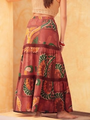 Red Tropical Print Textured Maxi Skirt With Crochet Trim - Image 2 of 5