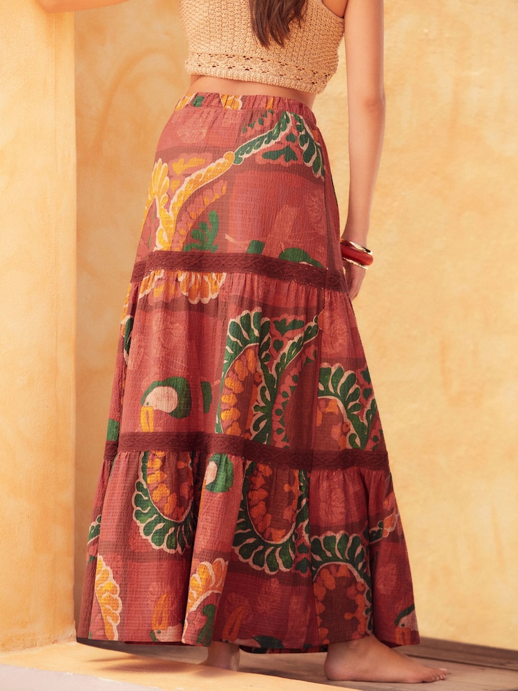 Red Tropical Print Textured Maxi Skirt With Crochet Trim - Image 2 of 5
