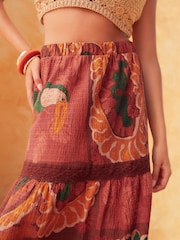 Red Tropical Print Textured Maxi Skirt With Crochet Trim - Image 3 of 5