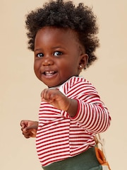 Mori Red Stripe Organic Cotton Long Sleeve Envelope Neckline Bodysuit - Image 2 of 6