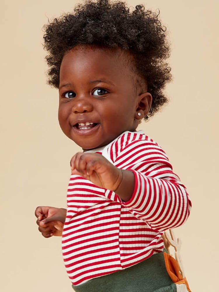 Mori Red Stripe Organic Cotton Long Sleeve Envelope Neckline Bodysuit - Image 2 of 6