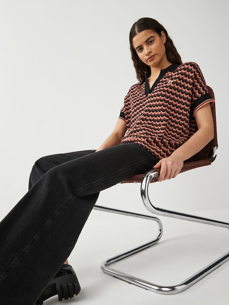 Fred Perry Womens Coral Pink Jacquard Knitted Polo Shirt - Image 1 of 6 Fred Perry Womens Coral Pink Jacquard Knitted Polo Shirt - Image 1 of 6