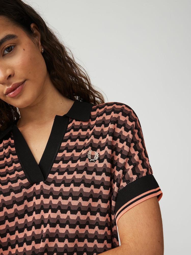 Fred Perry Womens Coral Pink Jacquard Knitted Polo Shirt - Image 6 of 6 Fred Perry Womens Coral Pink Jacquard Knitted Polo Shirt - Image 6 of 6