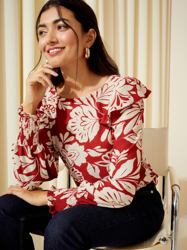 Friends Like These Red White Floral Long Sleeve Ruffle Detail Textured Jersey Blouse - Image 1 of 4