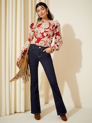 Friends Like These Red White Floral Long Sleeve Ruffle Detail Textured Jersey Blouse - Image 2 of 4