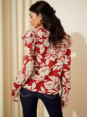 Friends Like These Red White Floral Long Sleeve Ruffle Detail Textured Jersey Blouse - Image 4 of 4