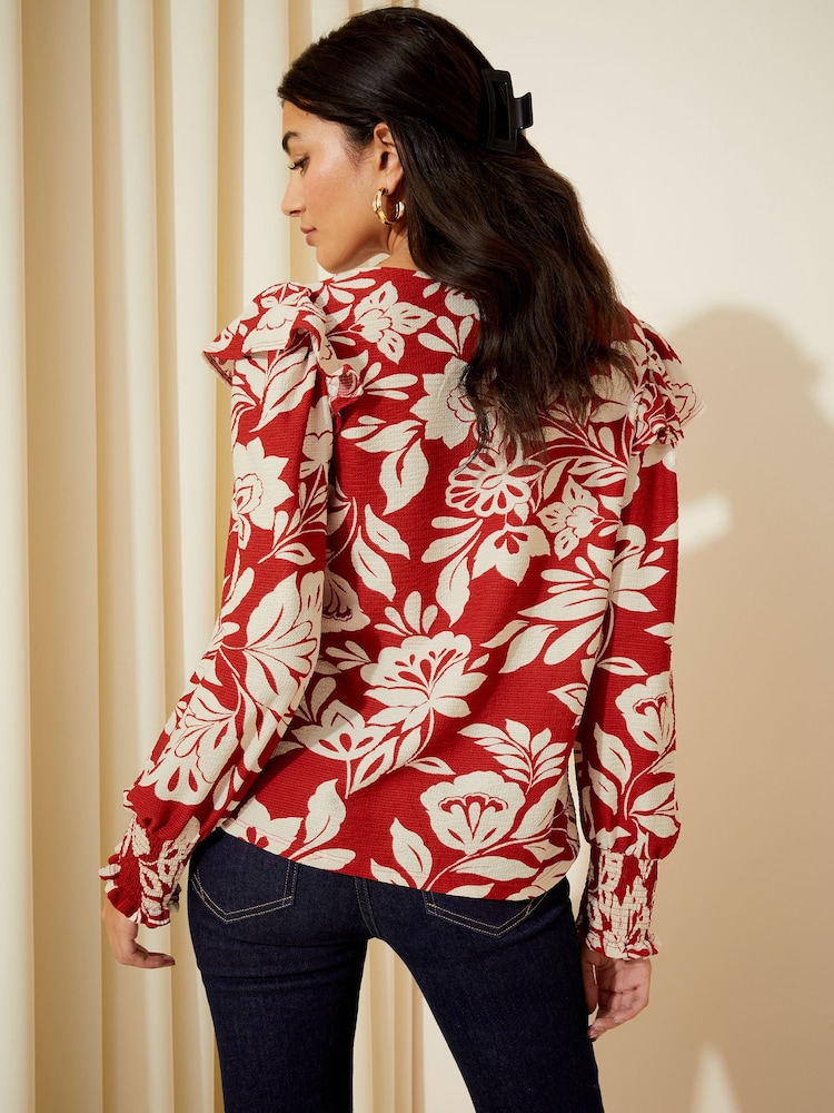 Friends Like These Red White Floral Long Sleeve Ruffle Detail Textured Jersey Blouse - Image 4 of 4