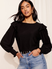 Friends Like These Black Long Sleeve Ruffle Detail Textured Jersey Blouse - Image 1 of 4