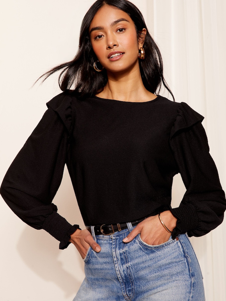 Friends Like These Black Long Sleeve Ruffle Detail Textured Jersey Blouse - Image 1 of 4