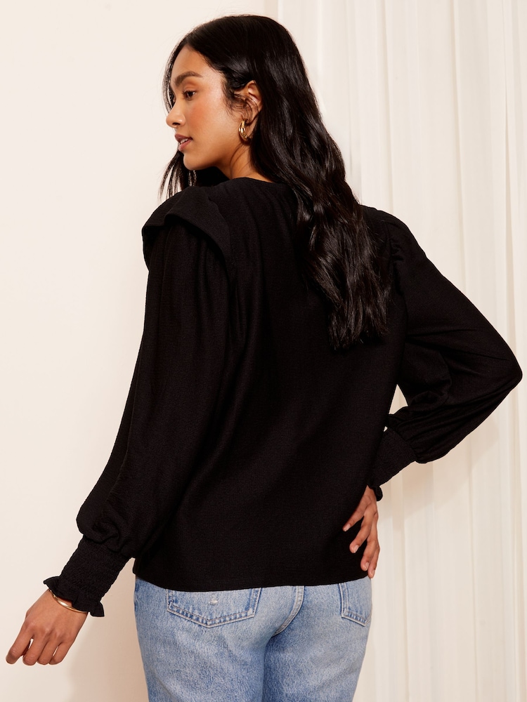 Friends Like These Black Long Sleeve Ruffle Detail Textured Jersey Blouse - Image 4 of 4