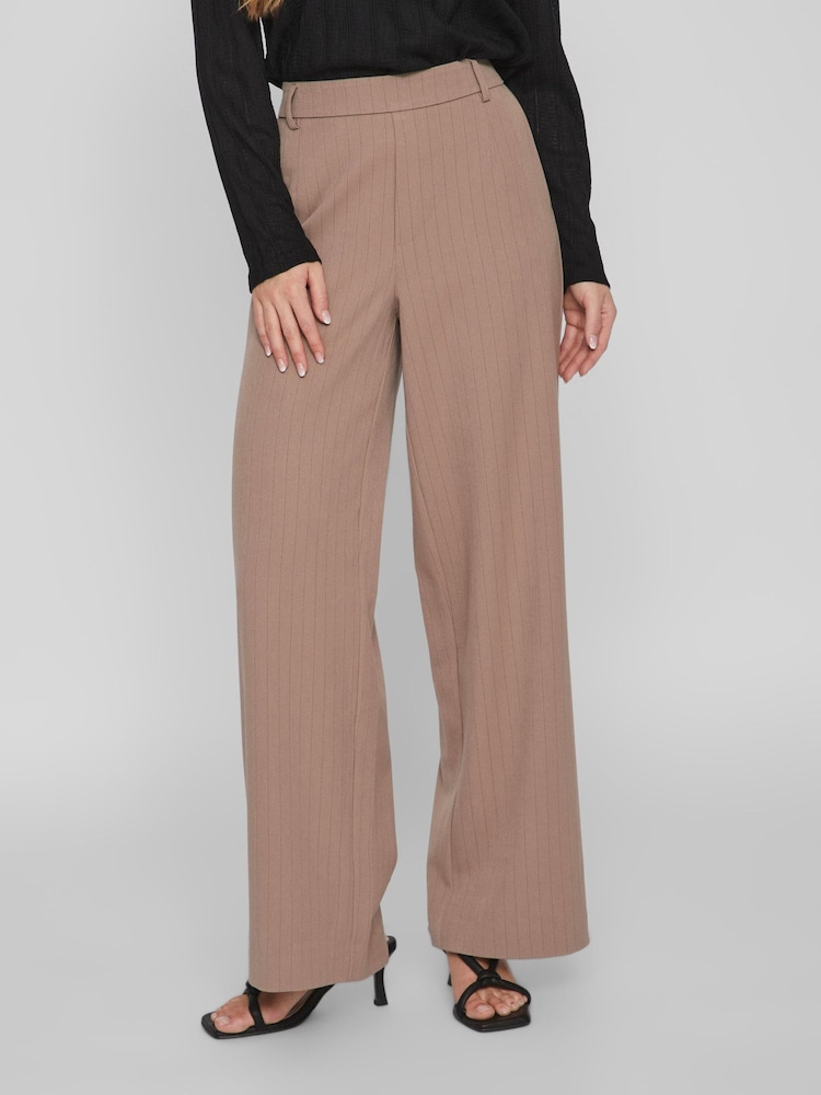 VILA Tan Brown High Waisted Pinstripe Wide Leg Smart Trousers - Image 1 of 6