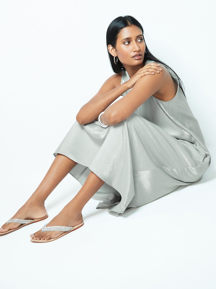 Silver Sleeveless Column V-Neck Midi Dress - Image 2 of 12