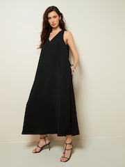 Black Sleeveless Column V-Neck Midi Dress - Image 1 of 6