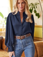 Friends Like These Navy Blue Petite Tie Cuff Puff Sleeve Button Through Blouse - Image 4 of 4