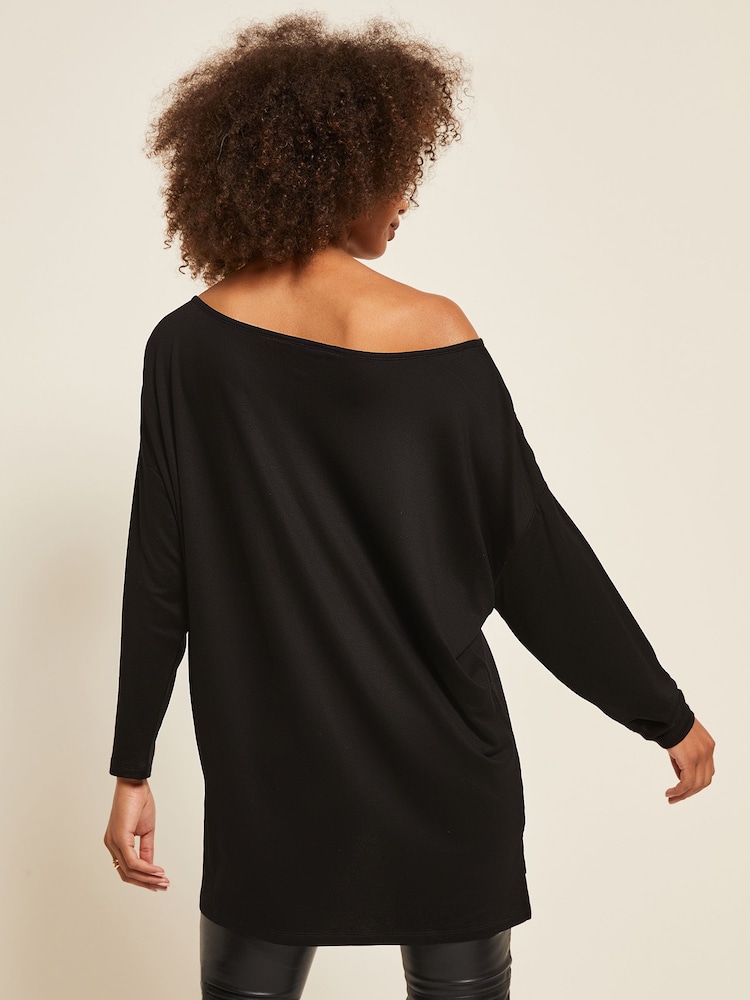 Friends Like These Black Petite Soft Jersey Long Sleeve Slash Neck Tunic Top - Image 2 of 4 Friends Like These Black Petite Soft Jersey Long Sleeve Slash Neck Tunic Top - Image 2 of 4