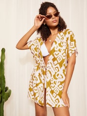Gelb - Friends Like These Gewebtes Kimono-Hemd mit Bindegürtel und kurzen Ärmeln - Bild 1 von 4