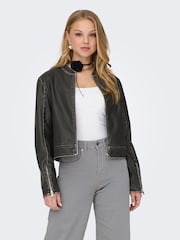 ONLY Black Distressed Faux Fur Leather Bomber Jacket - Image 1 of 5