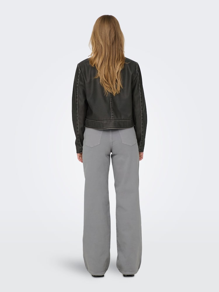 ONLY Black Distressed Faux Fur Leather Bomber Jacket - Image 2 of 5 ONLY Black Distressed Faux Fur Leather Bomber Jacket - Image 2 of 5