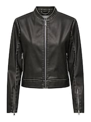 ONLY Black Distressed Faux Fur Leather Bomber Jacket - Image 5 of 5