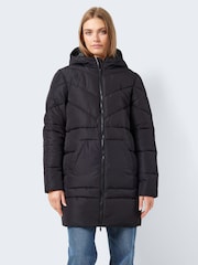 NOISY MAY Black Longline Padded Quilted Hooded Coat - Image 1 of 6