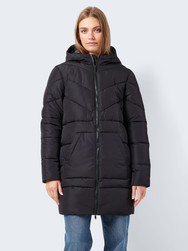 NOISY MAY Black Longline Padded Quilted Hooded Coat - Image 1 of 6