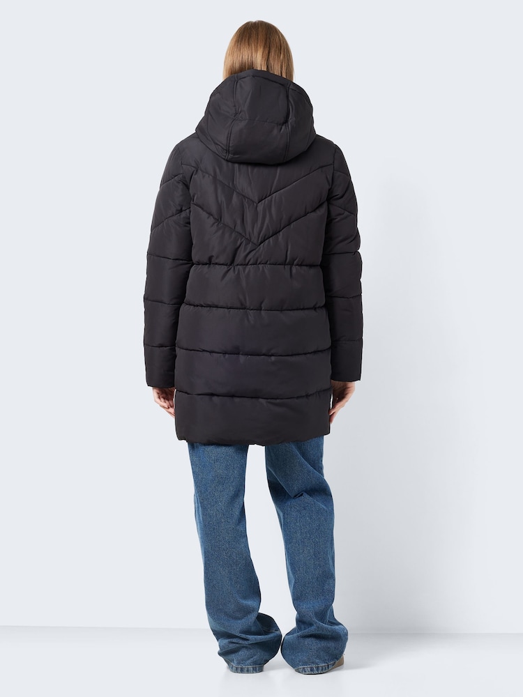 NOISY MAY Black Longline Padded Quilted Hooded Coat - Image 2 of 6