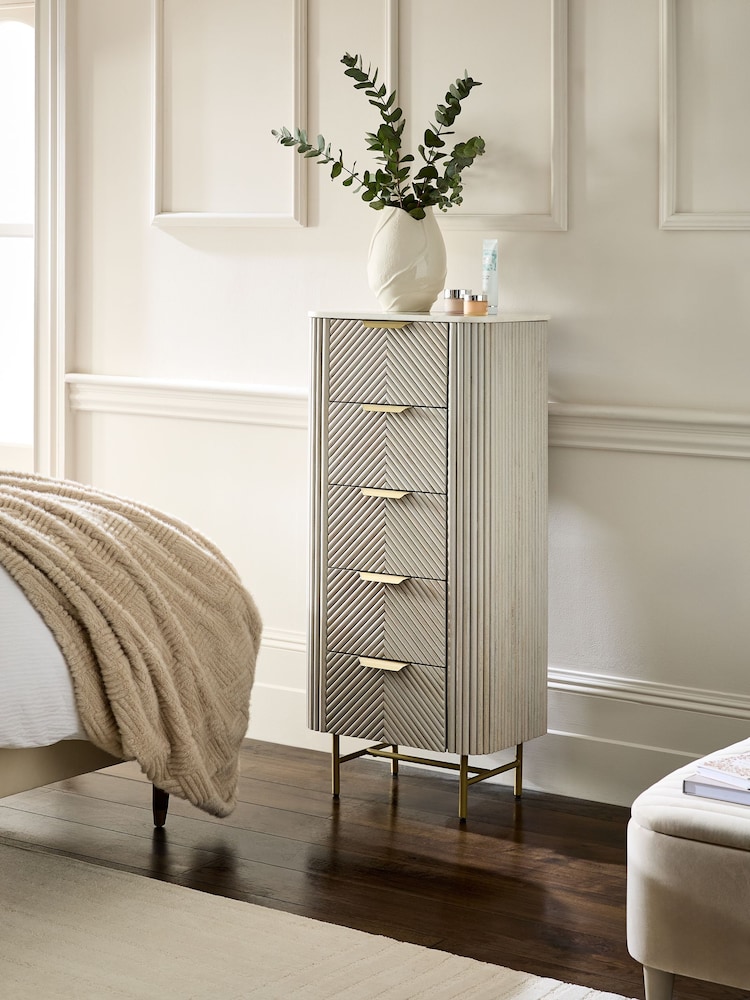 Light Grey Valencia Marble and Mango Wood 5 Drawer Tall Chest of Drawers - Image 2 of 8