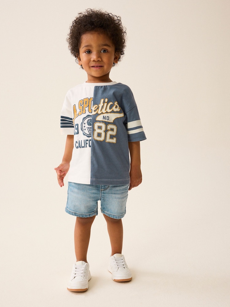 Blue/White 100% Cotton Short Sleeve Varsity T-Shirt (3mths-7yrs) - Image 1 of 7