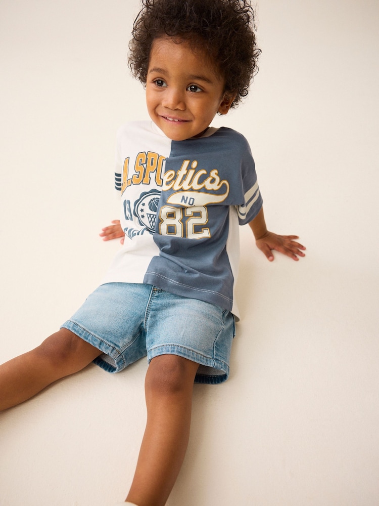Blue/White 100% Cotton Short Sleeve Varsity T-Shirt (3mths-7yrs) - Image 2 of 7